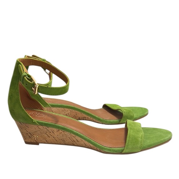 Tory Burch Green Savannah Suede Wedge Sandals Size 11 - Picture 1 of 11